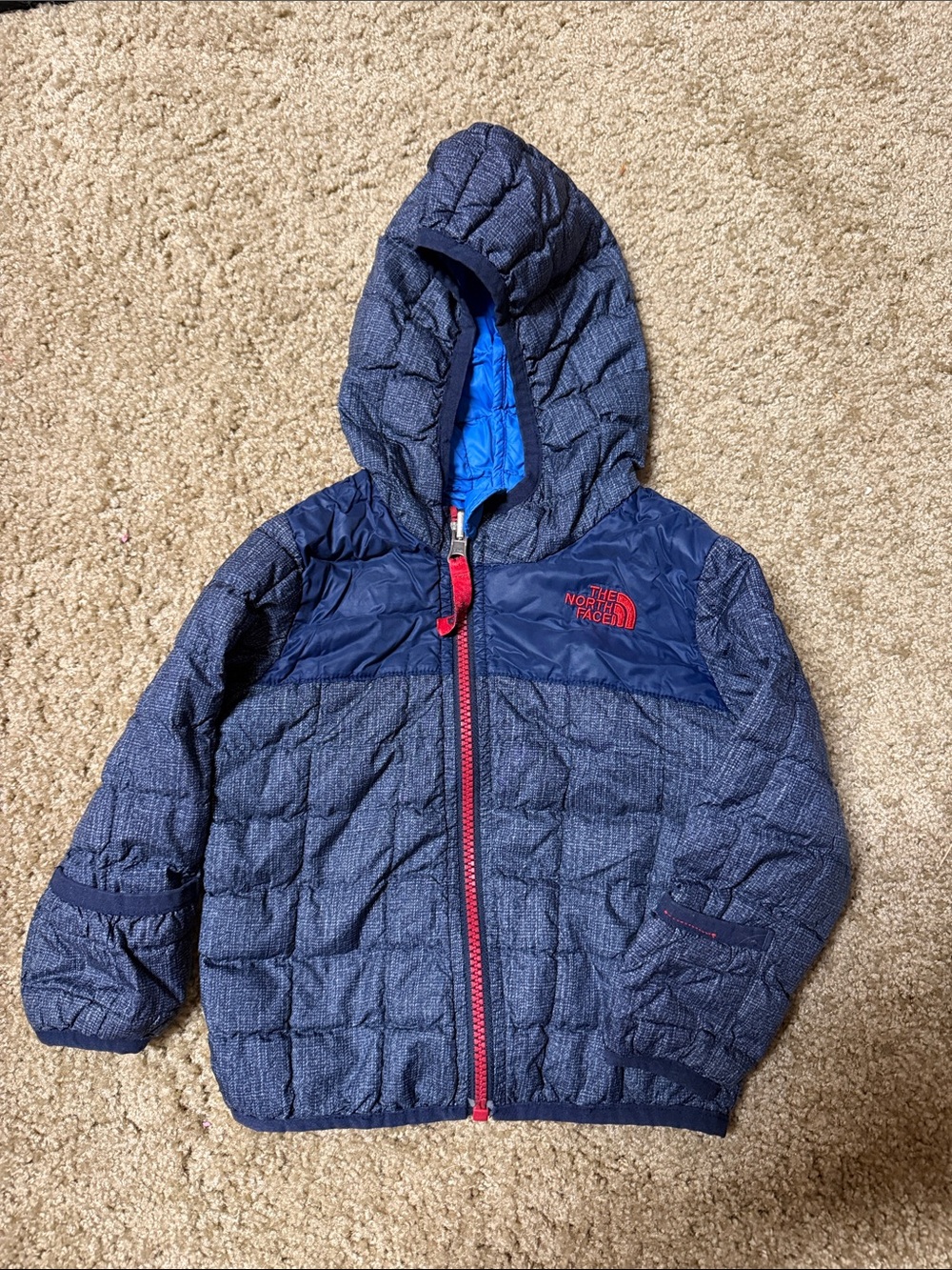 The North Face Kids Navy Quilted Hooded Puffer with Red Trim